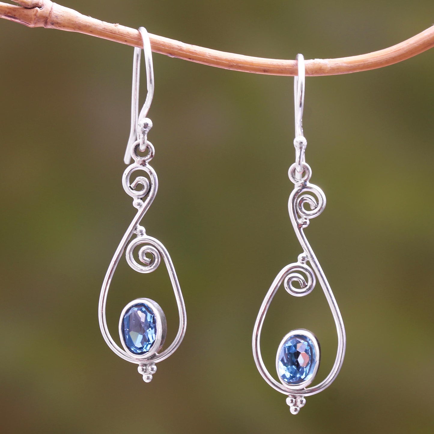 Tegalalang Elegance Spiral Pattern Blue Topaz Dangle Earrings from Bali