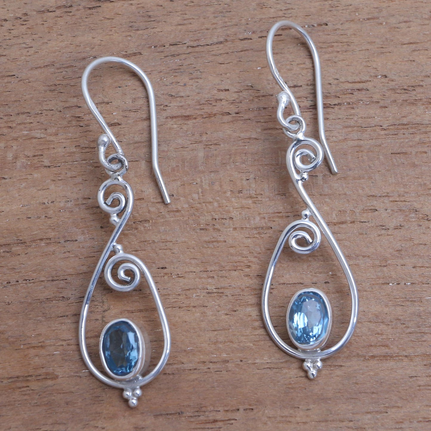 Tegalalang Elegance Spiral Pattern Blue Topaz Dangle Earrings from Bali