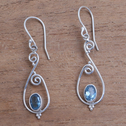 Tegalalang Elegance Spiral Pattern Blue Topaz Dangle Earrings from Bali