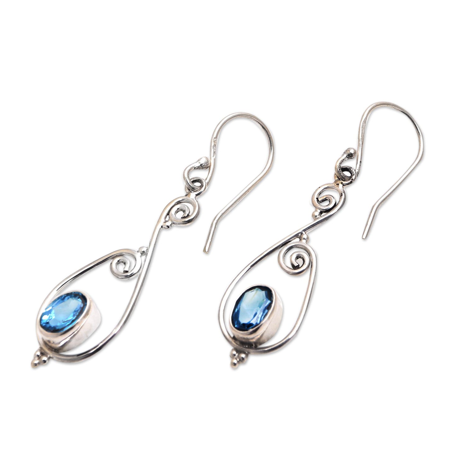 Tegalalang Elegance Spiral Pattern Blue Topaz Dangle Earrings from Bali