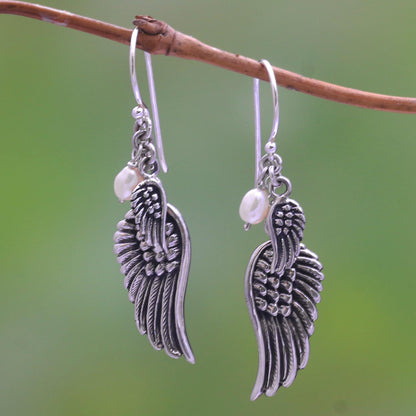 Winged Glow Cultured Pearl Wing Dangle Earrings from Bali