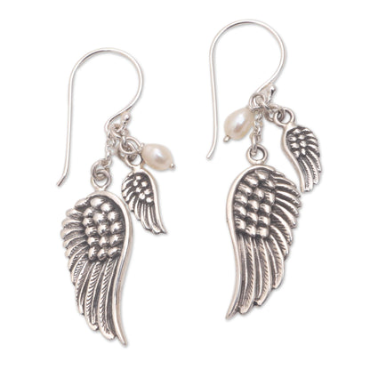 Winged Glow Cultured Pearl Wing Dangle Earrings from Bali