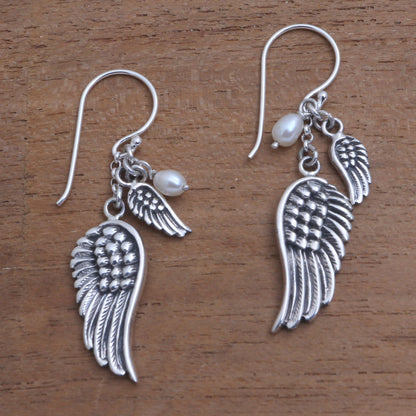 Winged Glow Cultured Pearl Wing Dangle Earrings from Bali