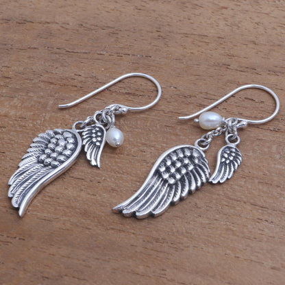 Winged Glow Cultured Pearl Wing Dangle Earrings from Bali