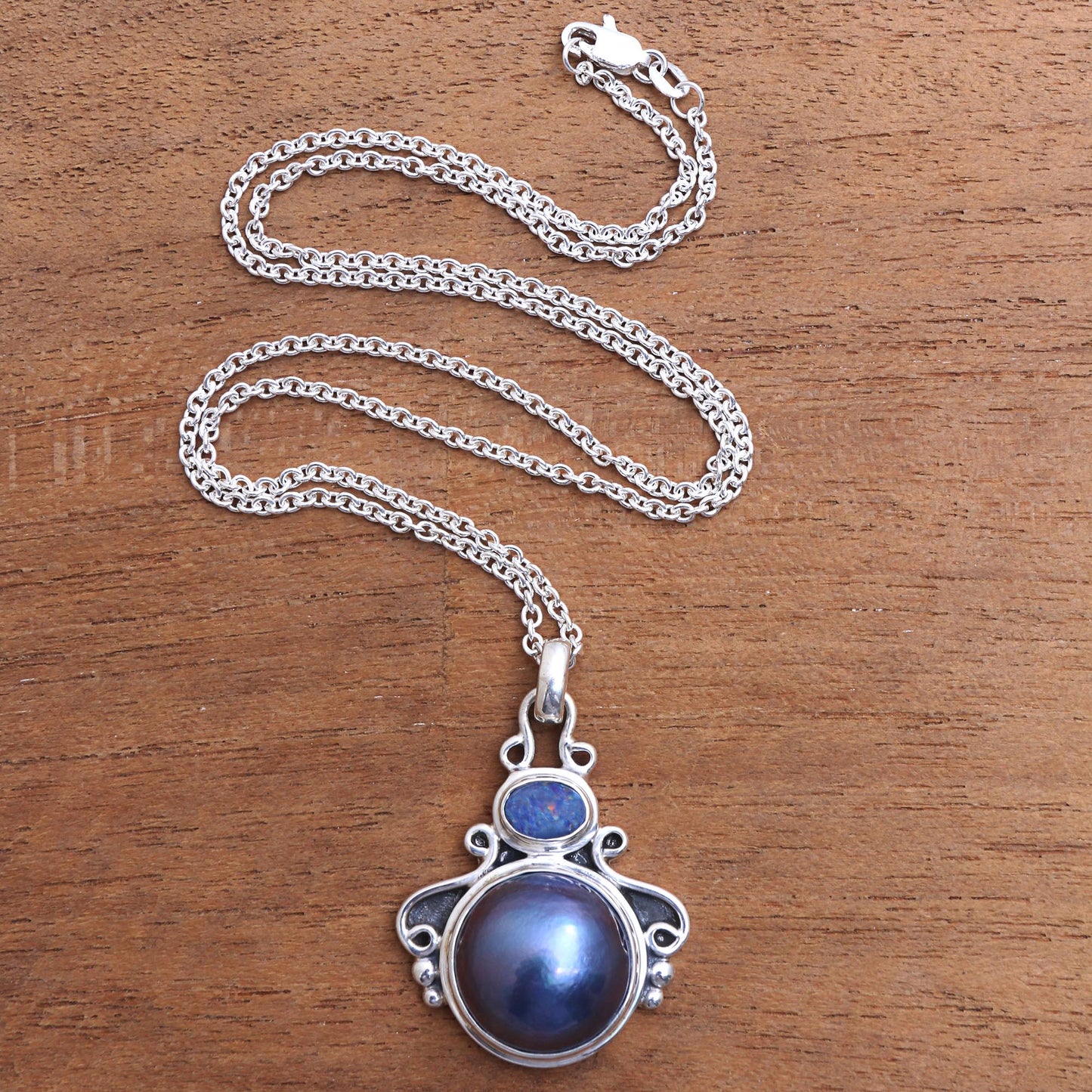 Ocean Glow Cultured Pearl and Opal Pendant Necklace from Bali