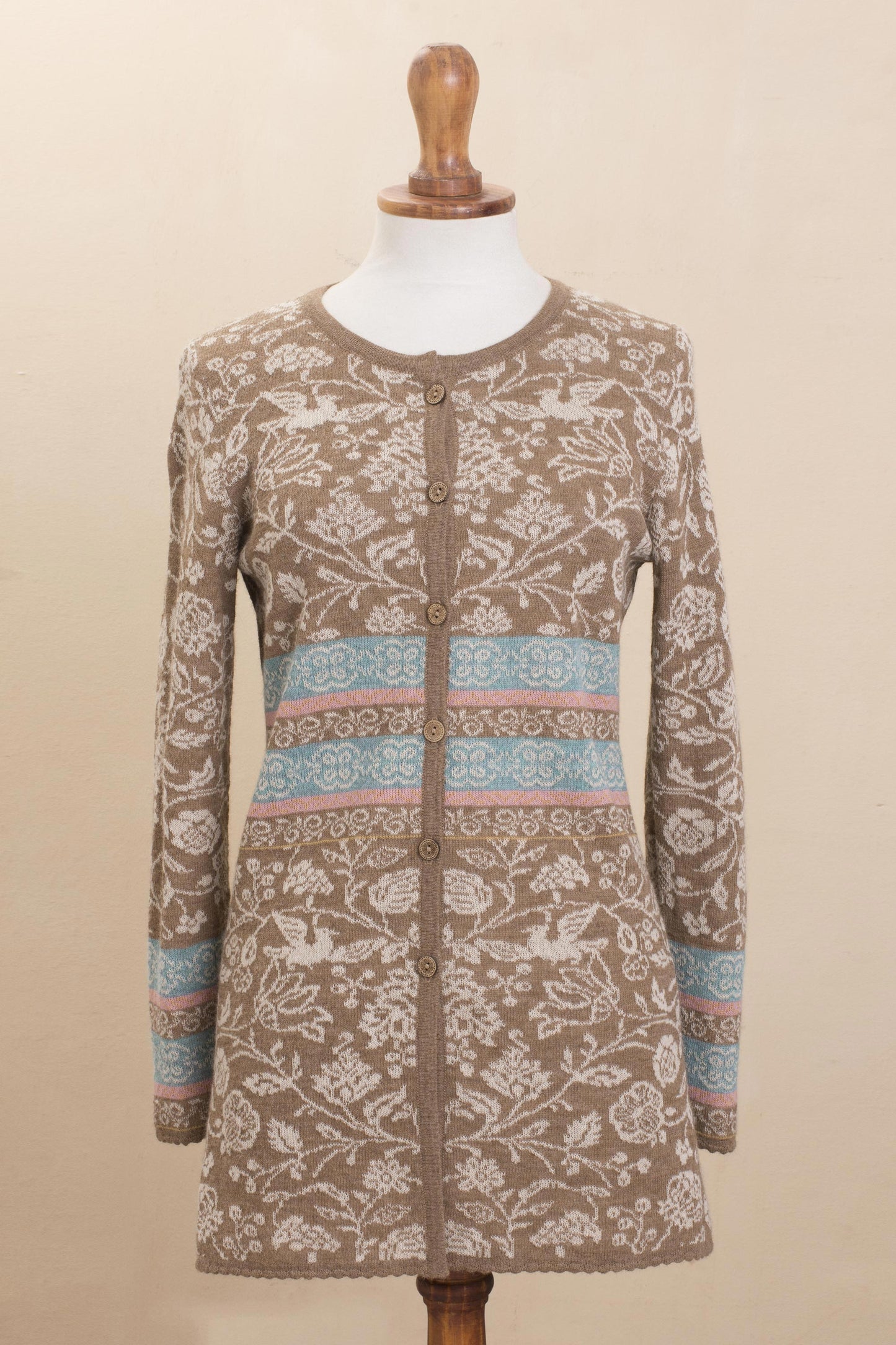 Romantic Nature in Tan Nature-Themed 100% Baby Alpaca Cardigan in Tan from Peru