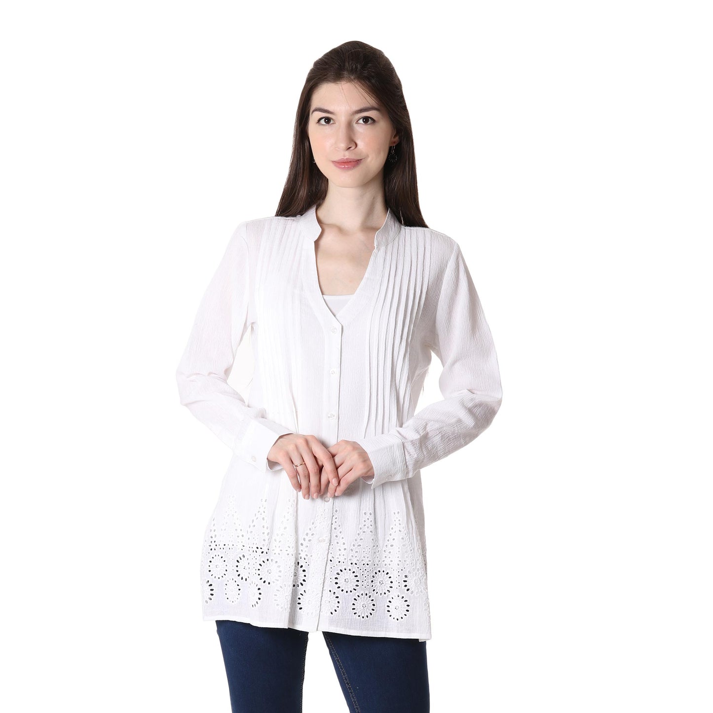 Hakoba in White Eyelet Pattern Cotton Blouse in White from India