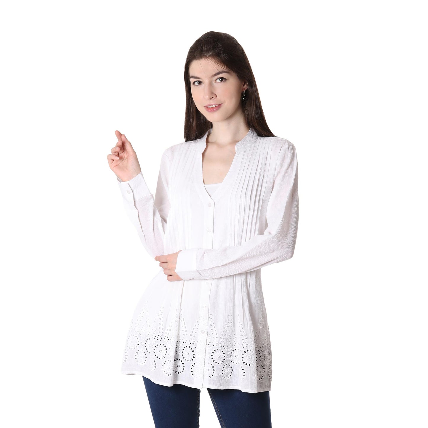 Hakoba in White Eyelet Pattern Cotton Blouse in White from India