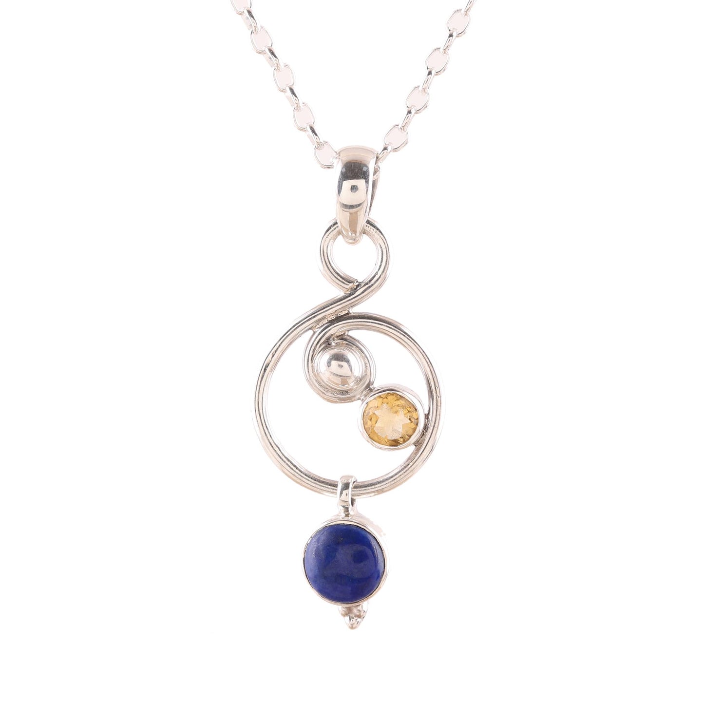 Swirling Royal Lapis Lazuli and Citrine Necklace Crafted in India