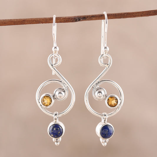 Swirling Royal Lapis Lazuli and Citrine Earrings Crafted in India