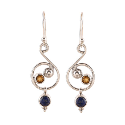 Swirling Royal Lapis Lazuli and Citrine Earrings Crafted in India