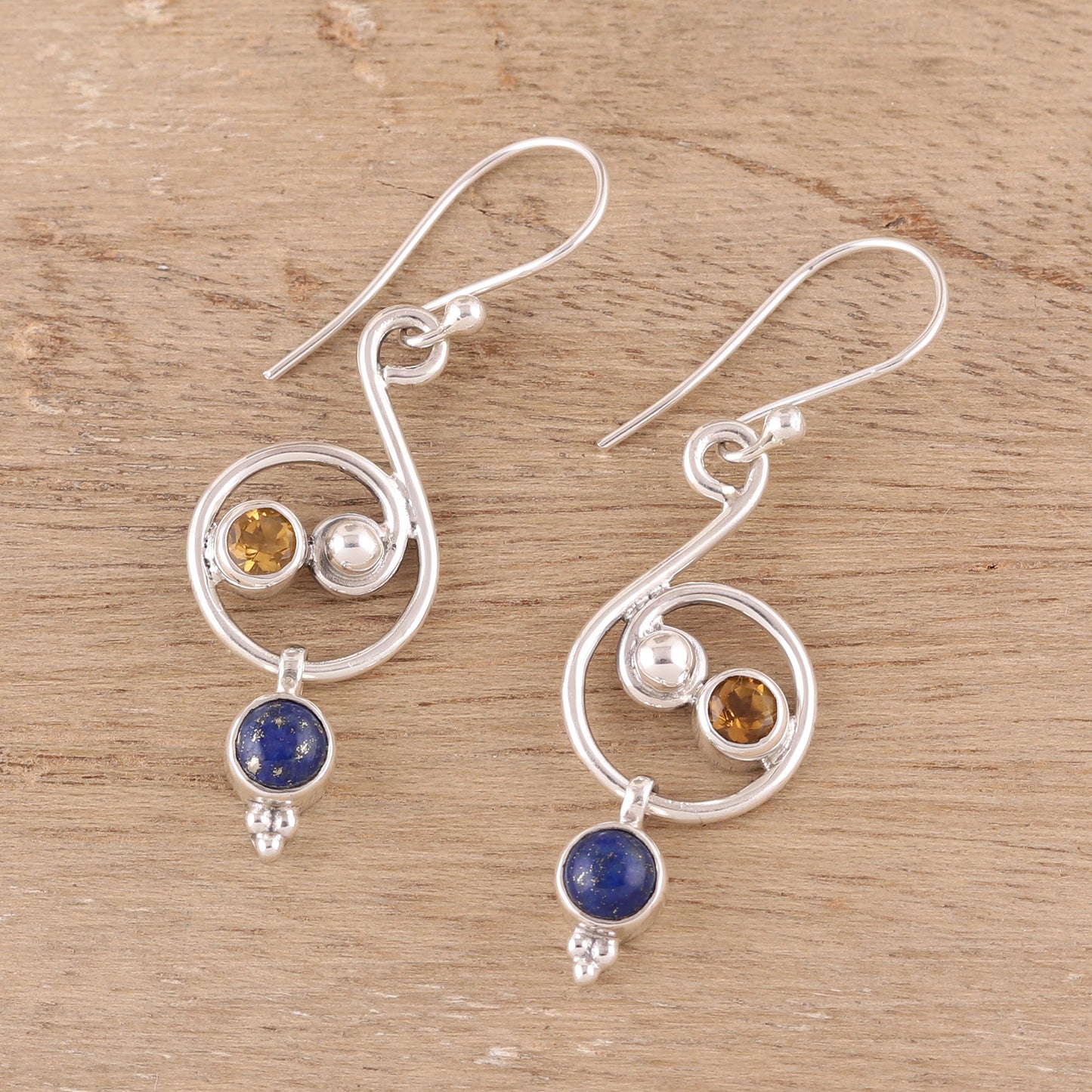 Swirling Royal Lapis Lazuli and Citrine Earrings Crafted in India