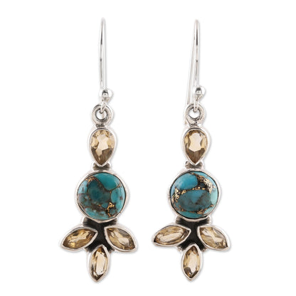 Glimmering Glory Citrine and Composite Turquoise Dangle Earrings from India