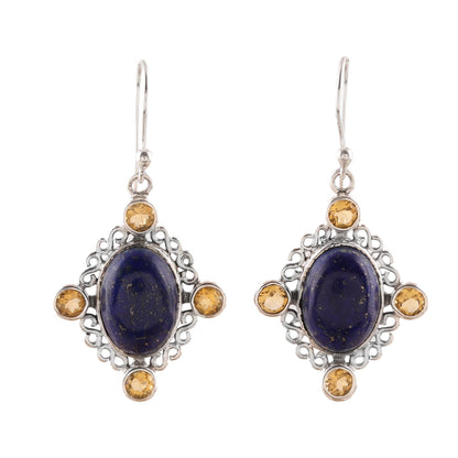 Royal Frame Lapis Lazuli and Citrine Dangle Earrings from India