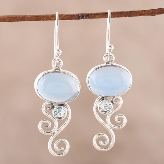 Oval Tendrils Chalcedony and Blue Topaz Dangle Earrings from India