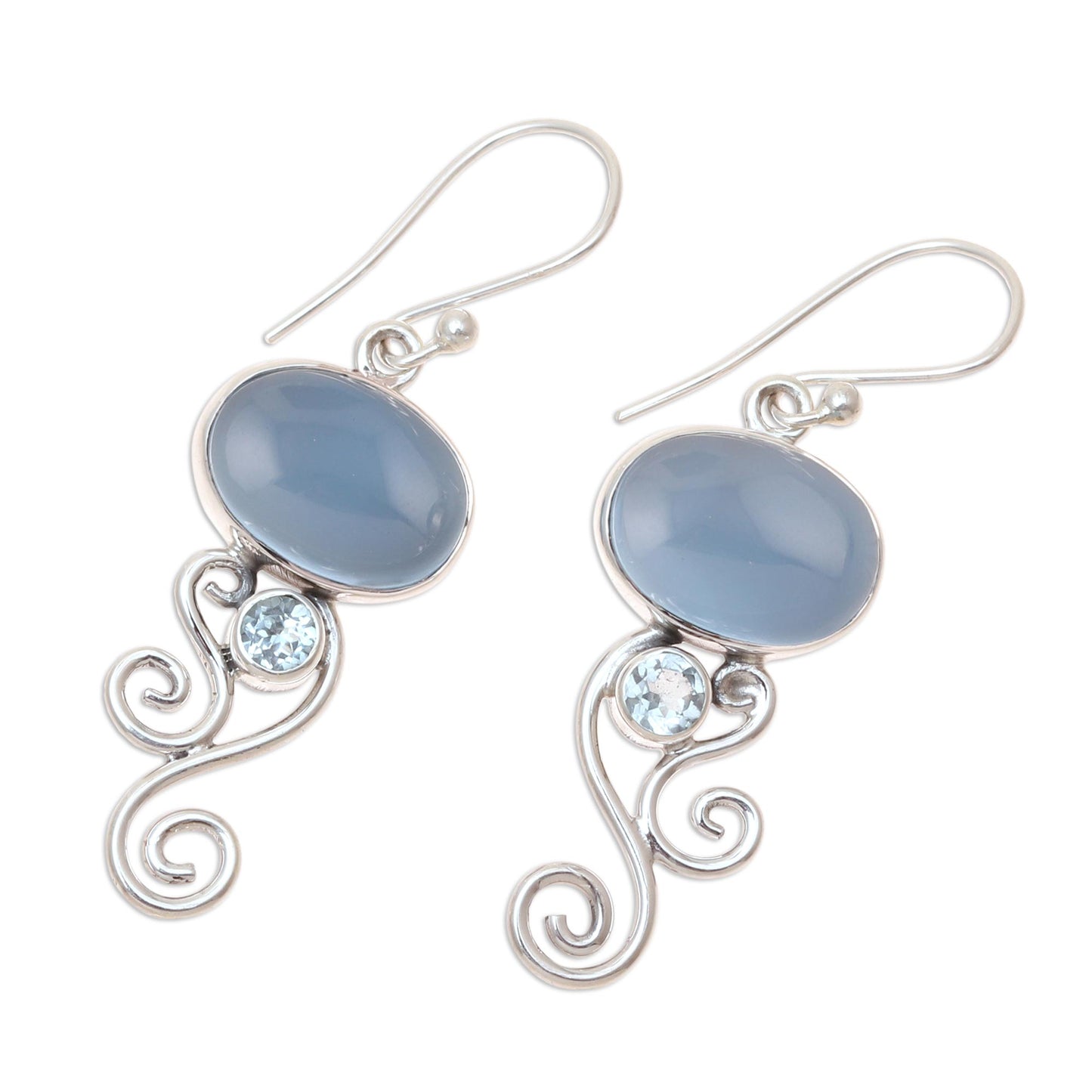 Oval Tendrils Chalcedony and Blue Topaz Dangle Earrings from India