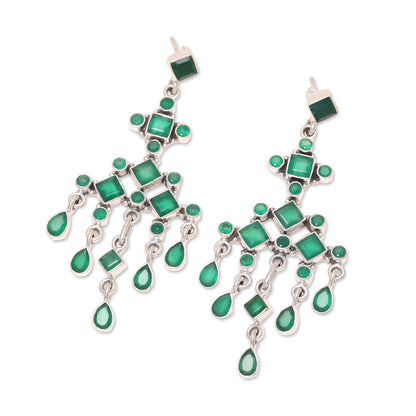 Gemstone Fountain Green Onyx Chandelier Earrings from India