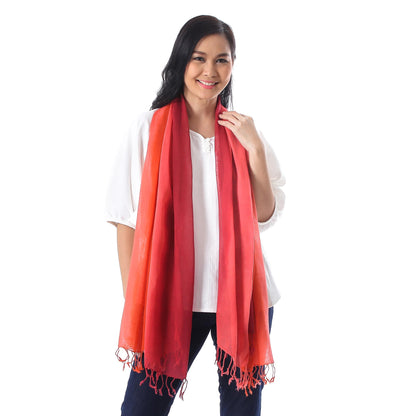 Delightful Breeze in Red Cotton Wrap Scarves in Red Pink and Orange (Pair)