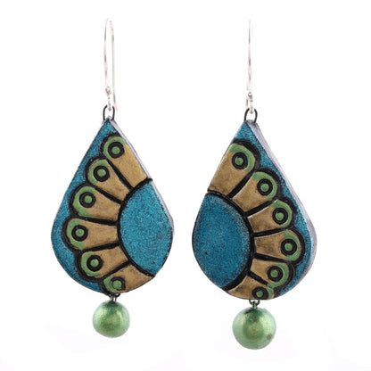 Feather Droplet Hand-Painted Droplet Ceramic Dangle Earrings from India