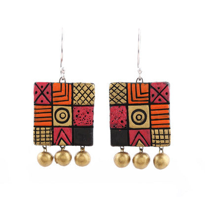 Creative Fusion Hand-Painted Square Ceramic Chandelier Earrings from India