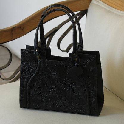 Lush Impressions in Black Handcrafted Black Embossed Leather Handbag from Mexico