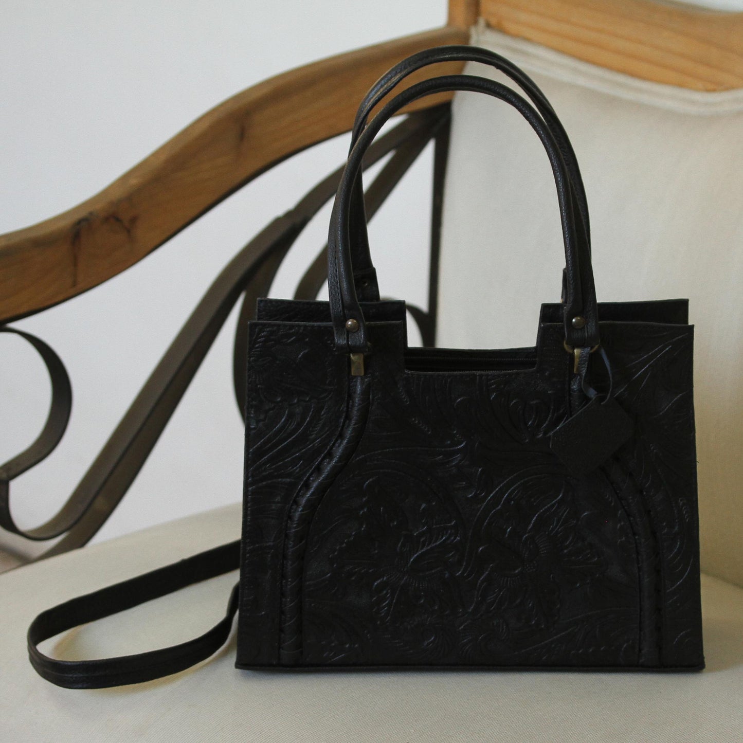 Lush Impressions in Black Handcrafted Black Embossed Leather Handbag from Mexico