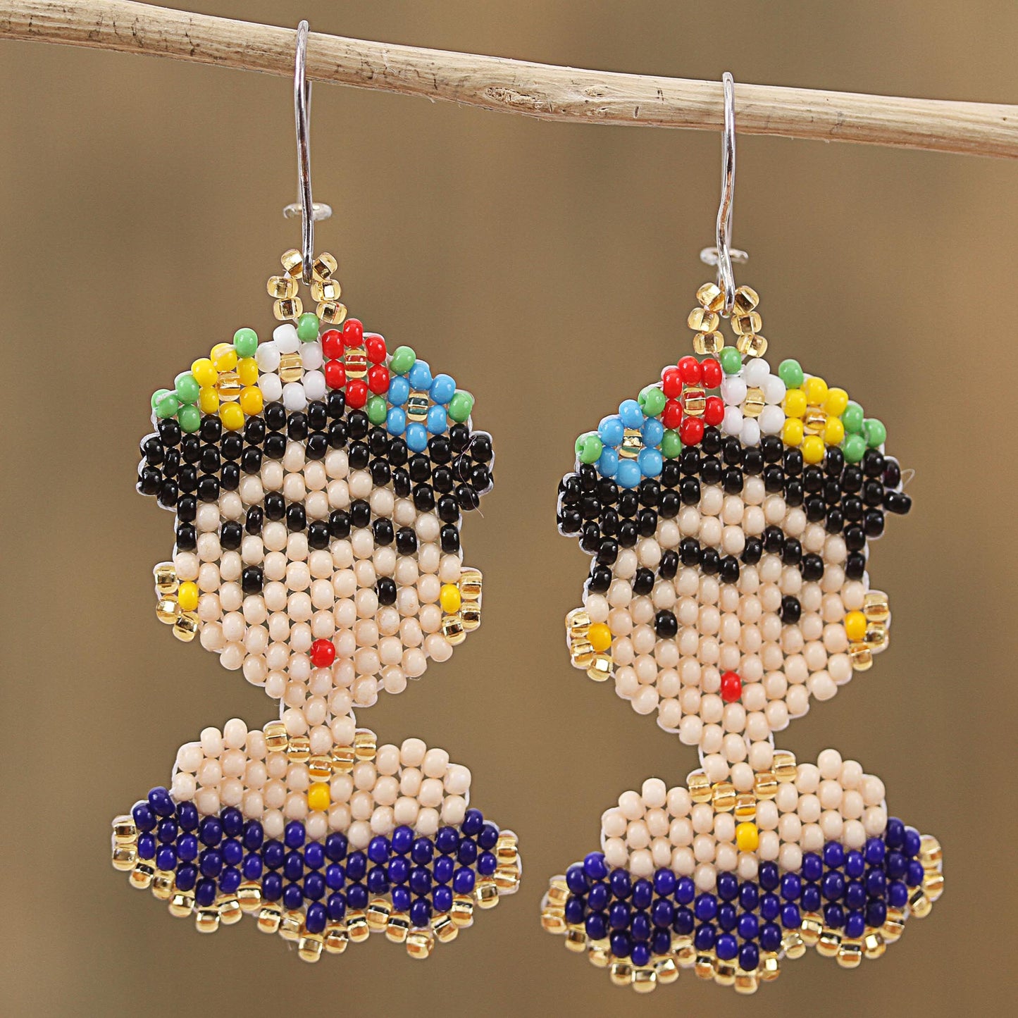 Blue Frida Glass Beaded Frida Dangle Earrings in Blue from Mexico