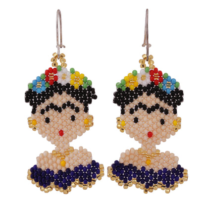 Blue Frida Glass Beaded Frida Dangle Earrings in Blue from Mexico