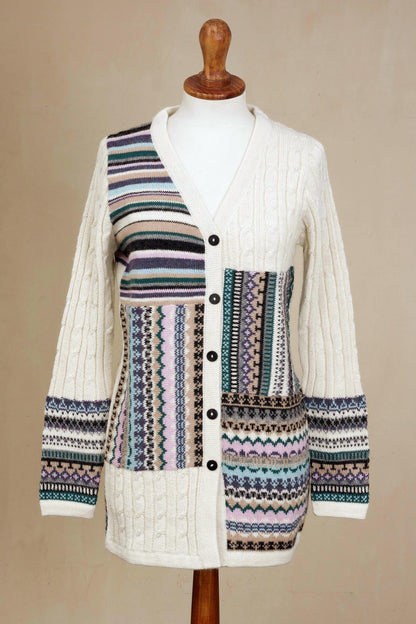 Patchwork Ivory and Multi-Color Patchwork 100% Alpaca Knit Cardigan