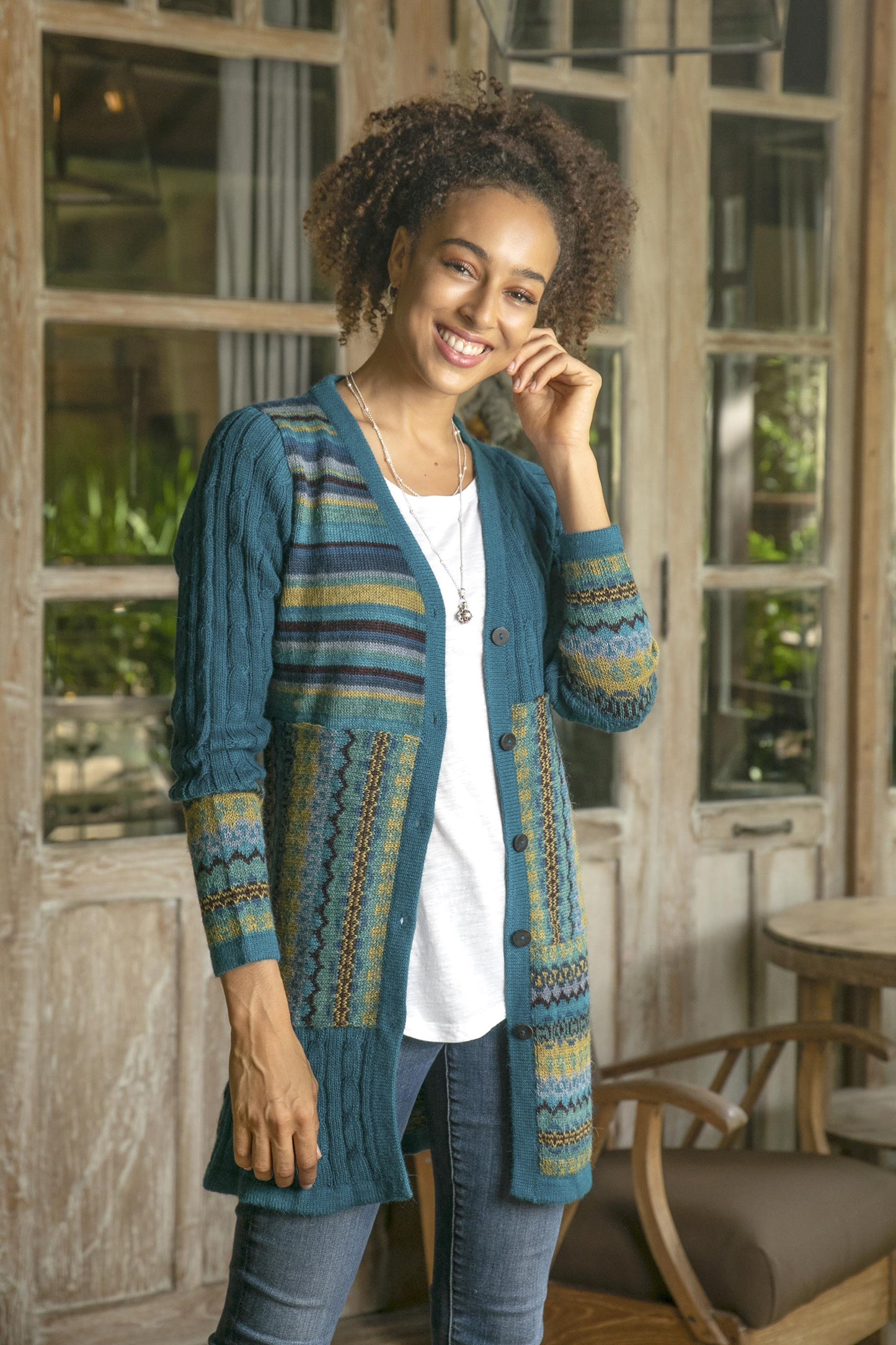 Patchwork in Teal Cable Knit 100% Alpaca Cardigan in Teal from Peru