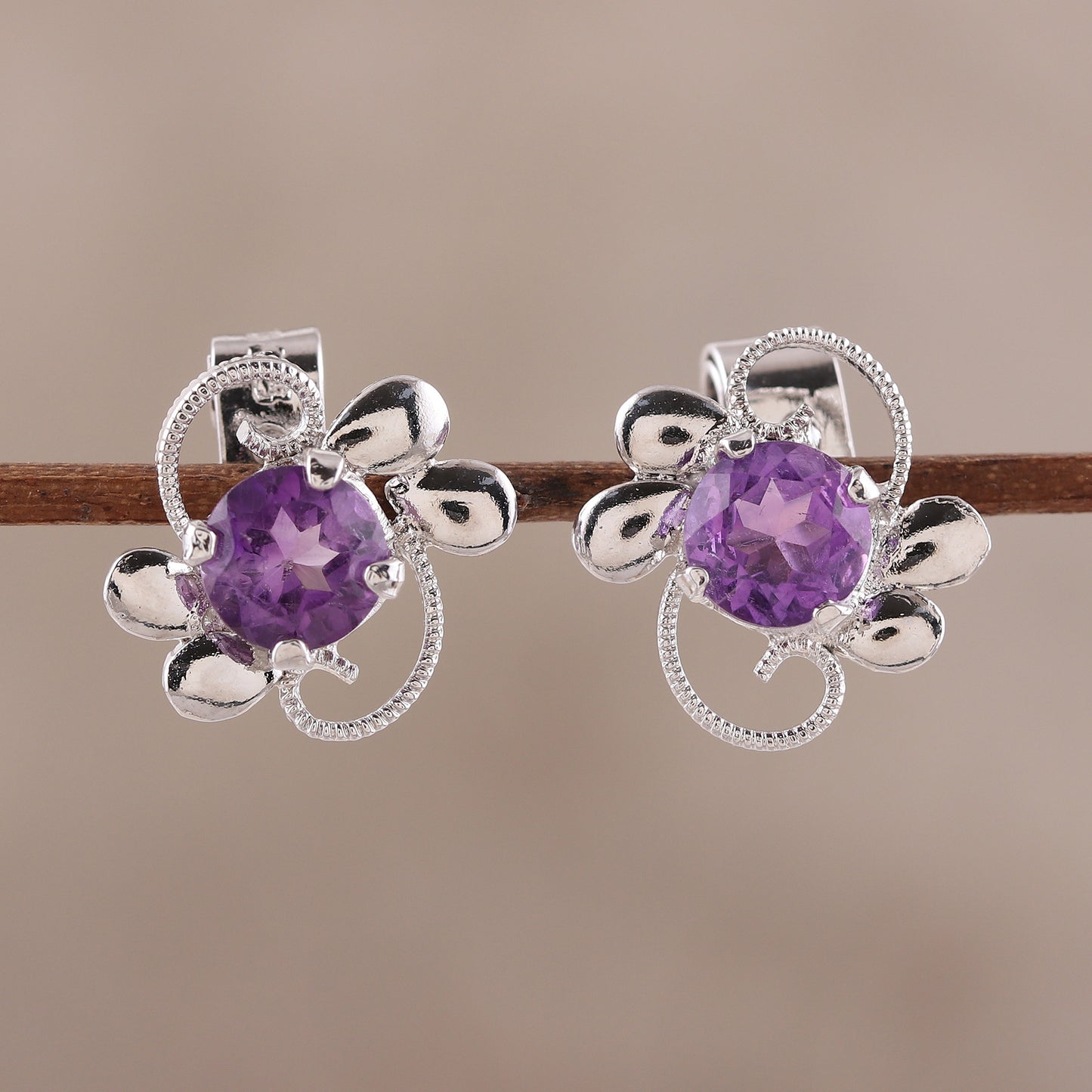 Glittering Purple Charm Rhodium Plated Amethyst Stud Earrings from India