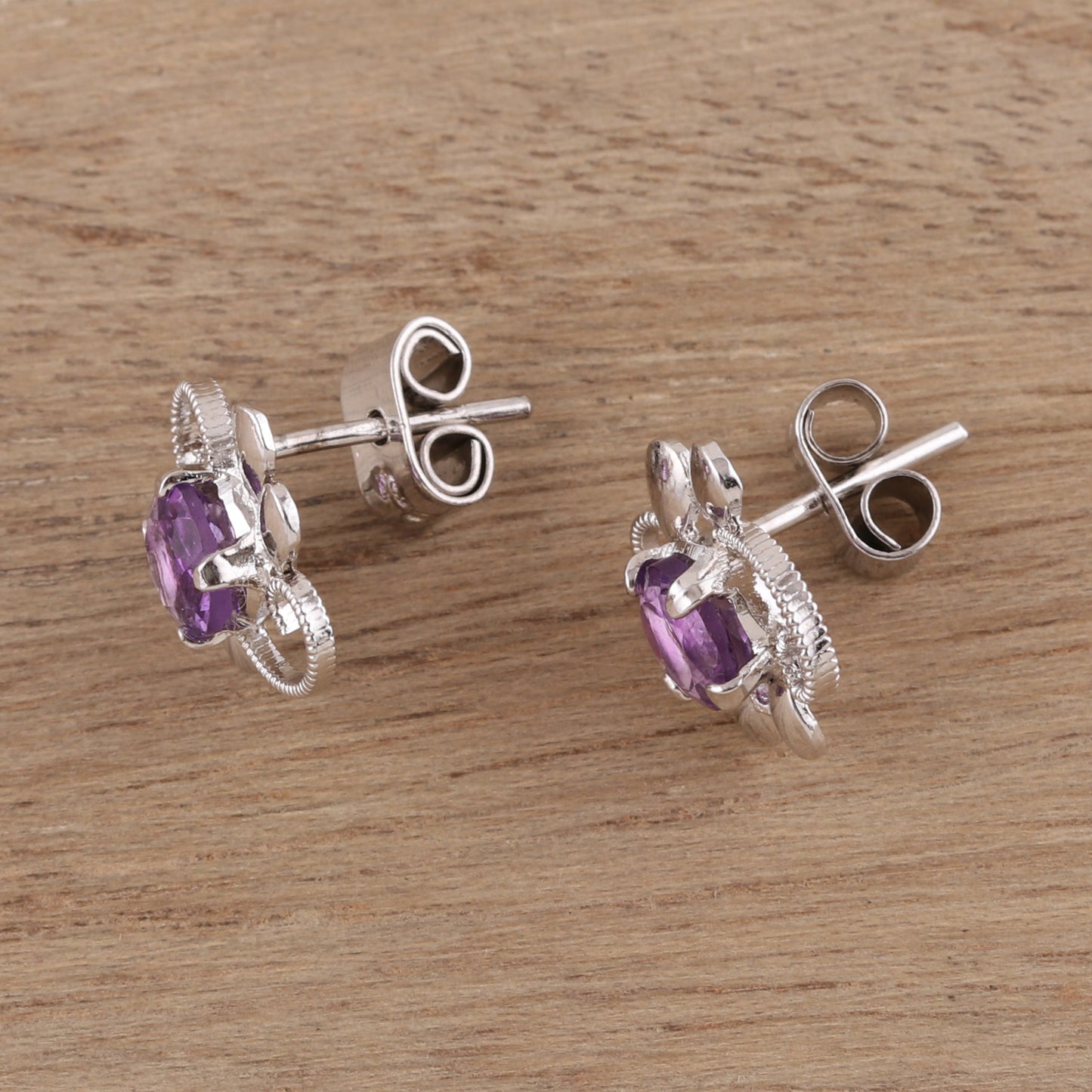 Glittering Purple Charm Rhodium Plated Amethyst Stud Earrings from India