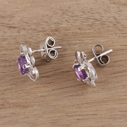 Glittering Purple Charm Rhodium Plated Amethyst Stud Earrings from India