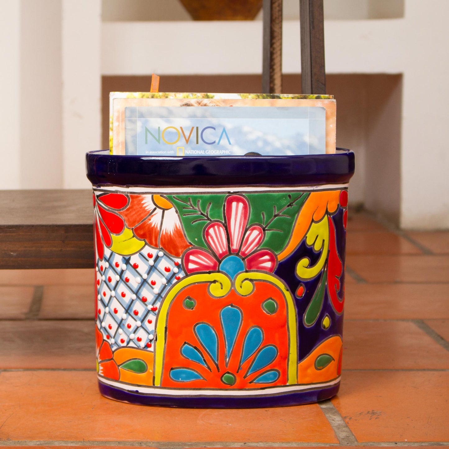 Talavera Collector Floral Talavera-Style Ceramic Waste Bin from Mexico