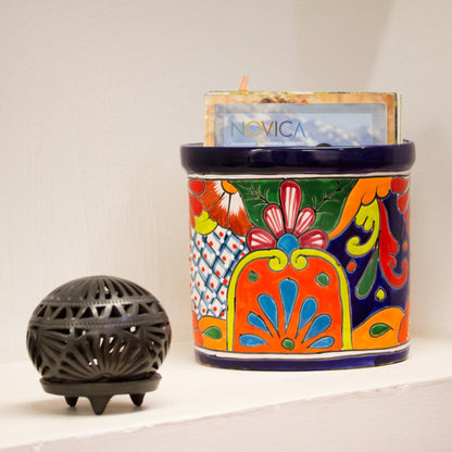 Talavera Collector Floral Talavera-Style Ceramic Waste Bin from Mexico