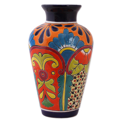 Floral Display Talavera-Style Ceramic Vase Crafted in Mexico