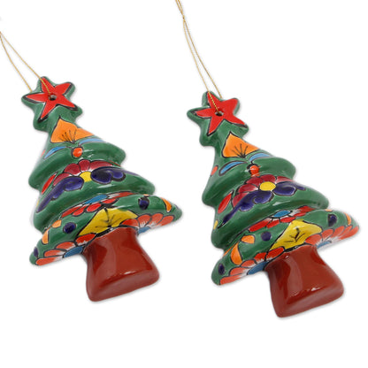 Talavera Celebration Floral Ceramic Christmas Tree Ornaments from Mexico (Pair)