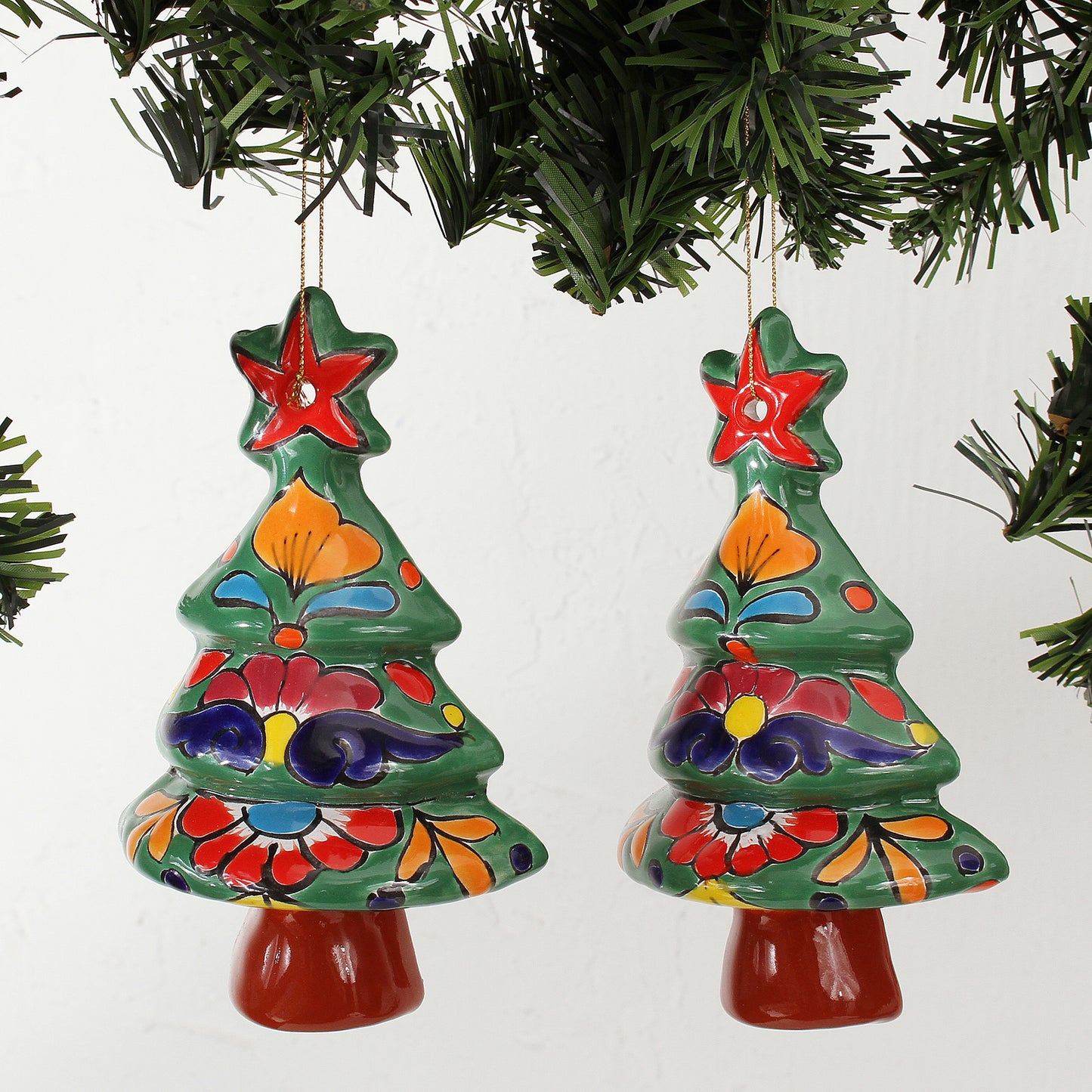 Talavera Celebration Floral Ceramic Christmas Tree Ornaments from Mexico (Pair)