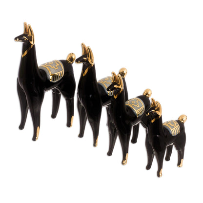 Black Llamas of the Andes Set of 4 Black Glass Llama Figurines with Gilded Accents