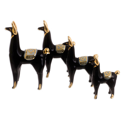 Black Llamas of the Andes Set of 4 Black Glass Llama Figurines with Gilded Accents