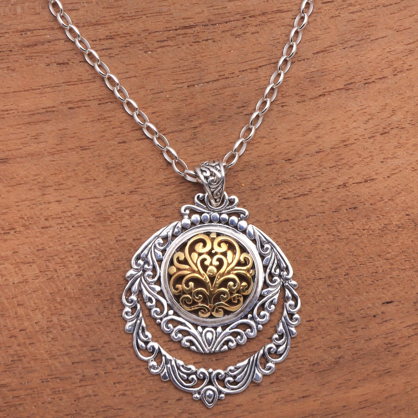 Jungle Roots Patterned Gold Accented Sterling Silver Pendant Necklace