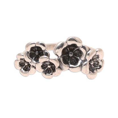 Floral Contrast Combination Finish Sterling Silver Cocktail Ring from India