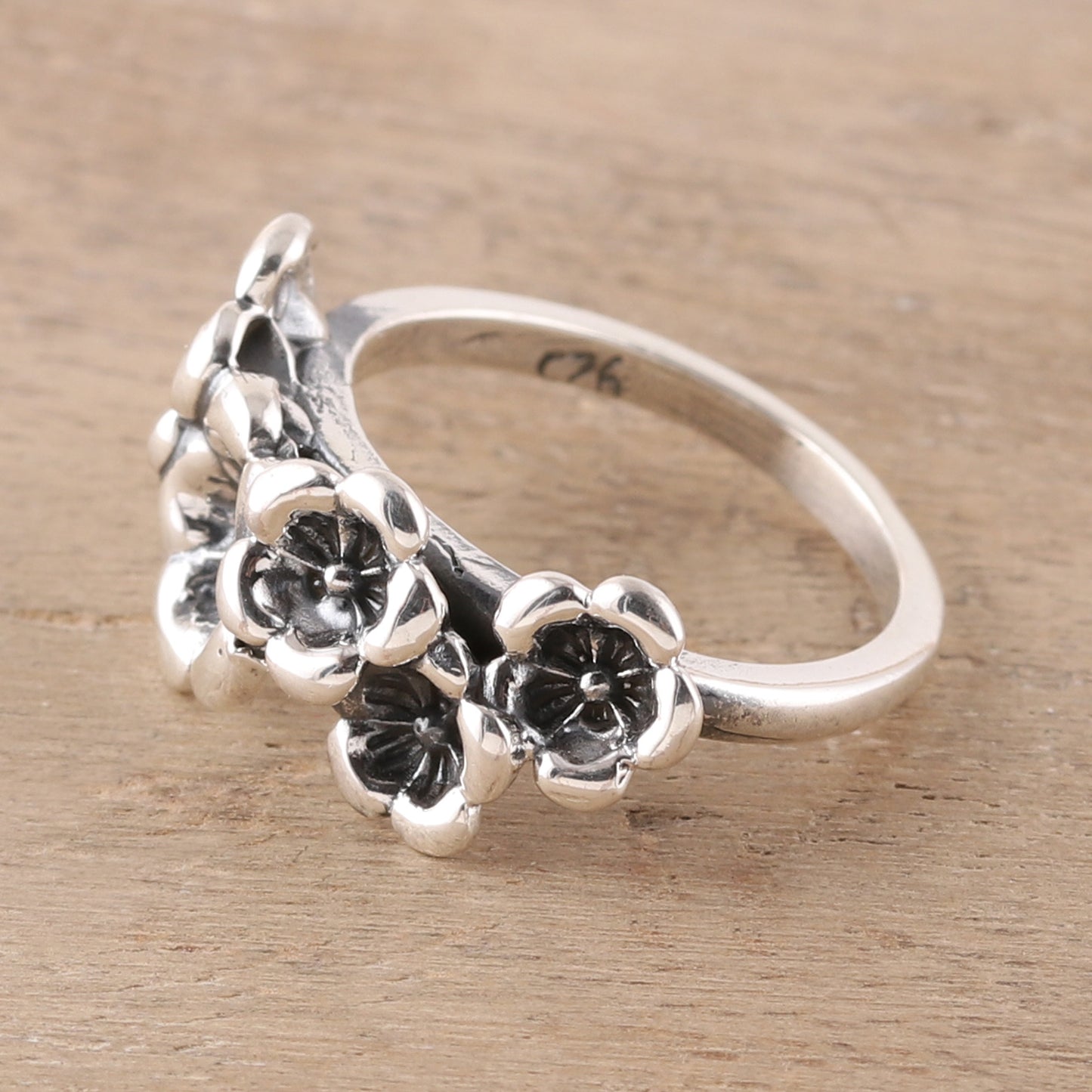 Floral Contrast Combination Finish Sterling Silver Cocktail Ring from India