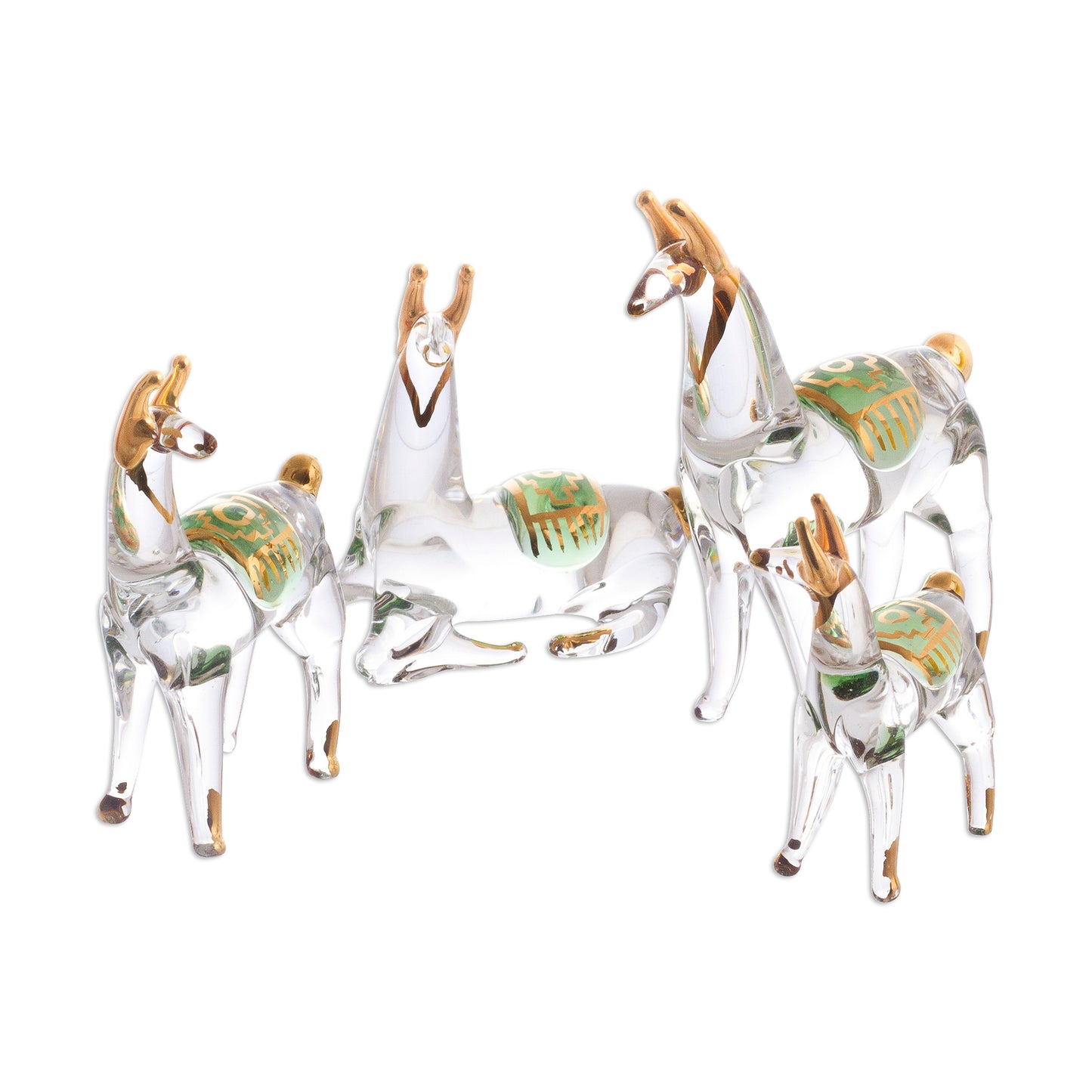 Llama Family Gilded Clear Glass Llama Figurines from Peru (Set of 4)