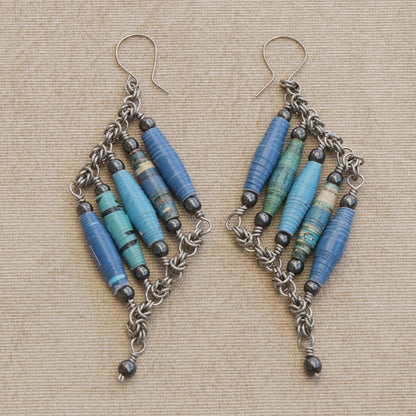 Tribal Links in Blue Recycled Paper and Hematite Dangle Earrings in Blue