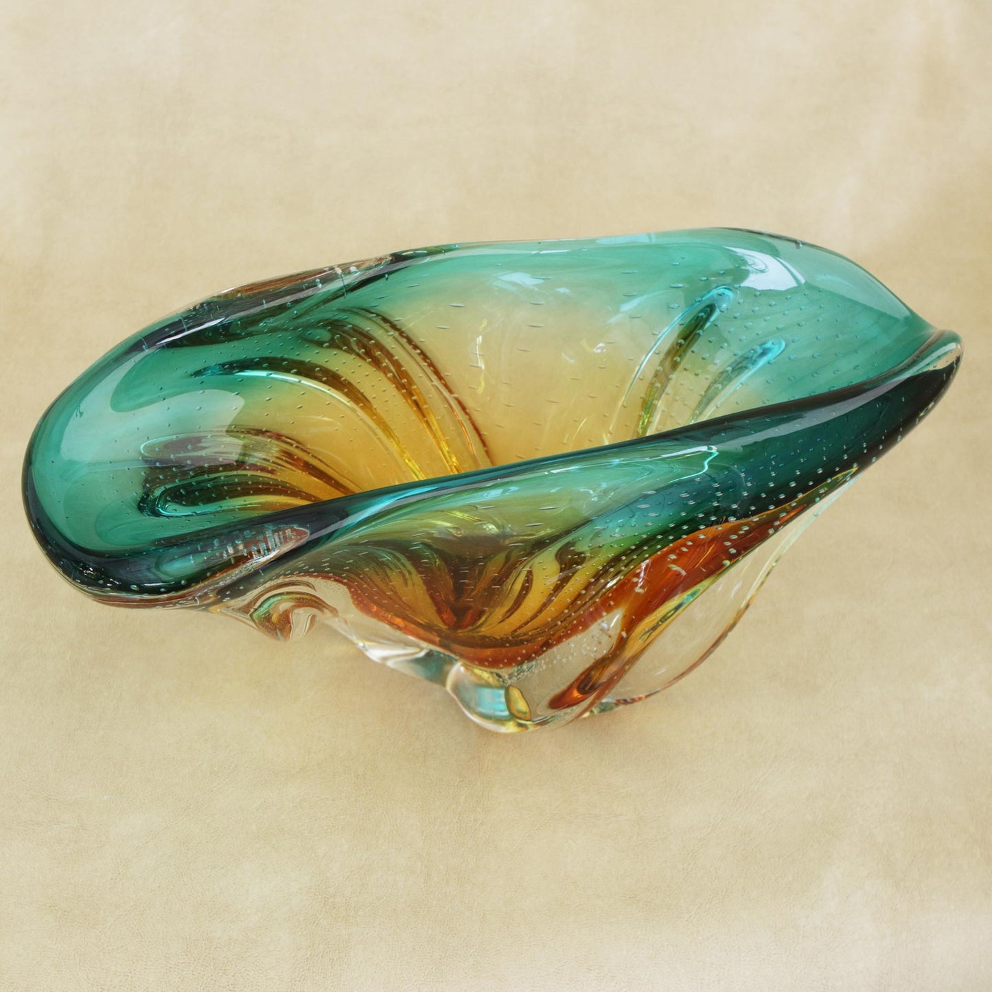 Fascinating Splash Art Glass Decorative Bowl in Amber and Blue from Brazil