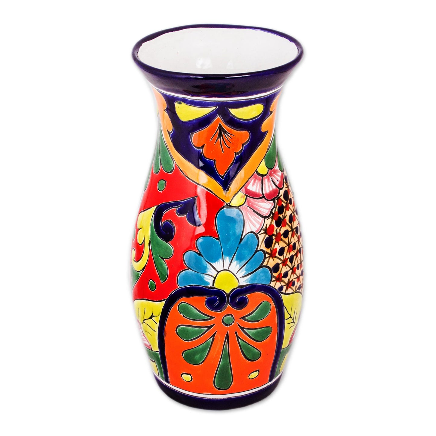 Colorful Curves Curvy Talavera-Style Ceramic Vase Crafted in Mexico