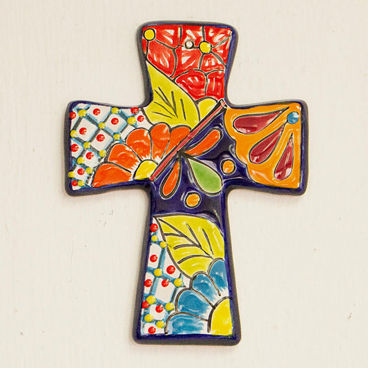 Spanish Faith Talavera-Style Ceramic Wall Cross from Mexico
