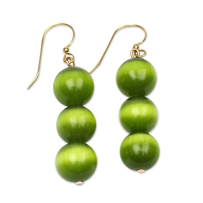 Verdant Orbs Green Cat's Eye Beaded Dangle Earrings from Ghana