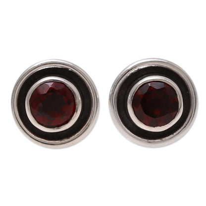 Framed Sparkle Circular Faceted Garnet Stud Earrings from India